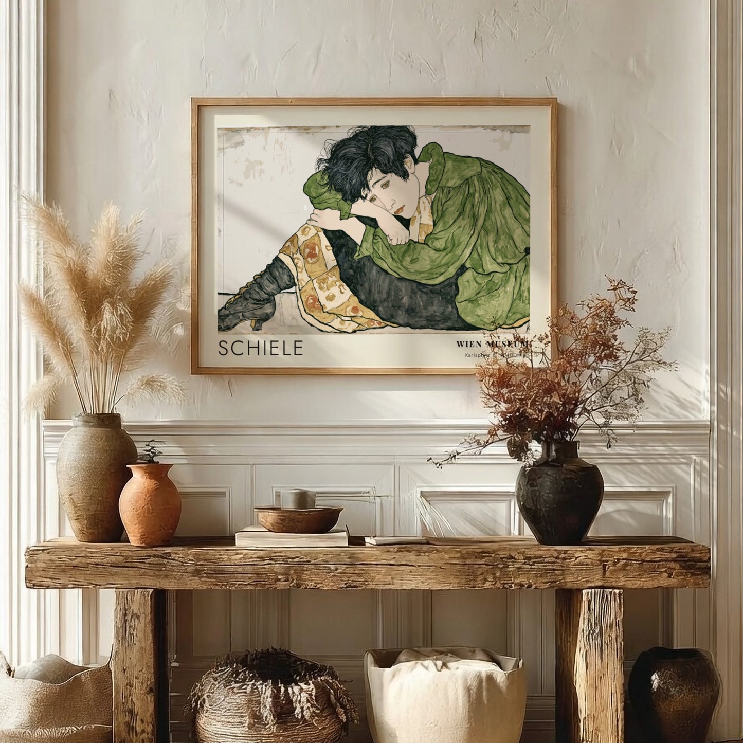 Wall art poster featuring Egon Schiele Die Eremiten with a figure in green.