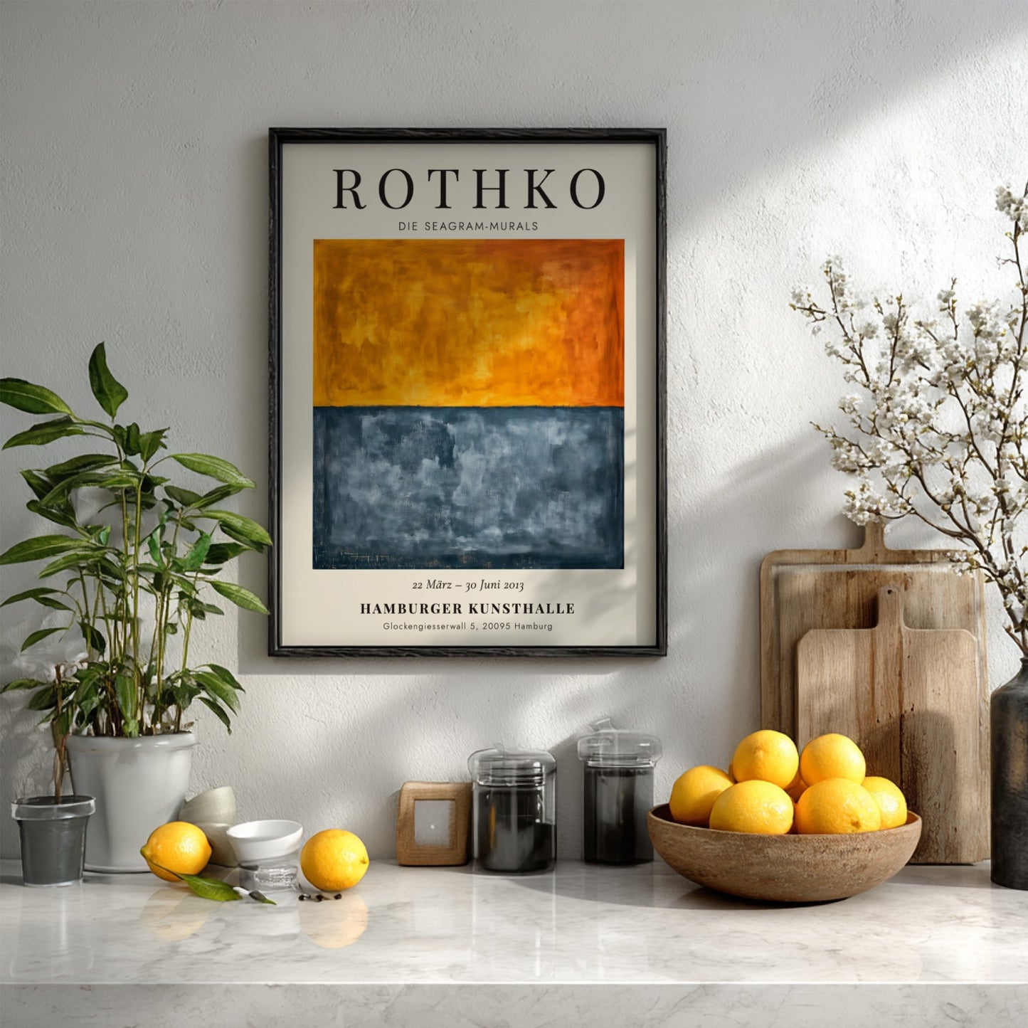 Wall art poster featuring Mark Rothko Seagram Murals with orange and charcoal blue blocks.