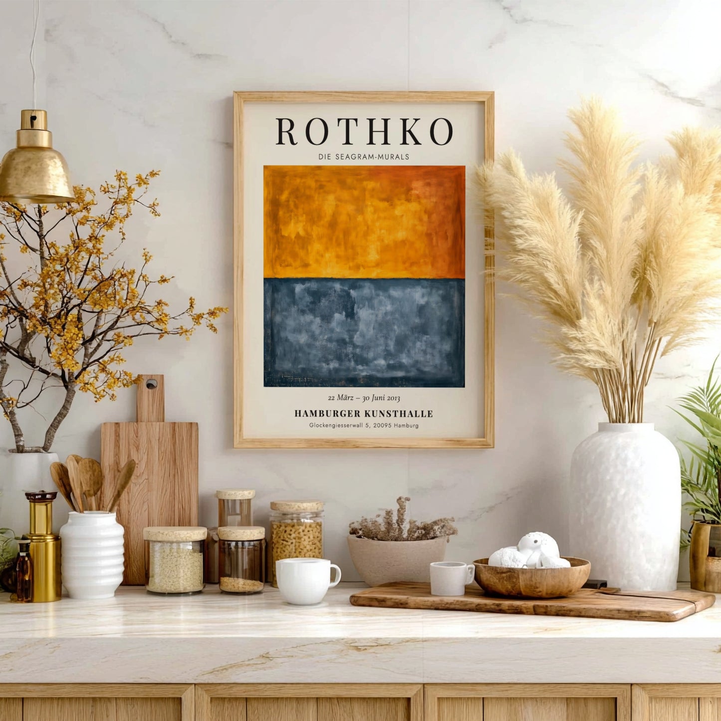 Wall art poster featuring Mark Rothko Seagram Murals with orange and charcoal blue blocks.