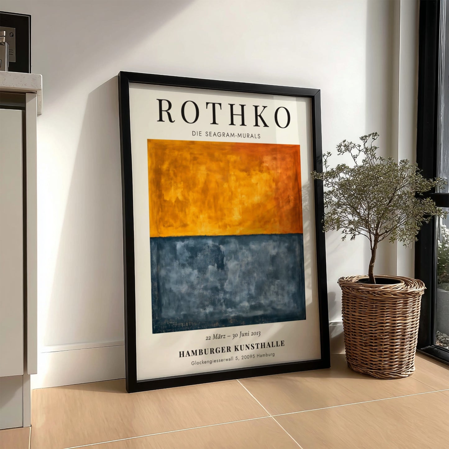 Wall art poster featuring Mark Rothko Seagram Murals with orange and charcoal blue blocks.