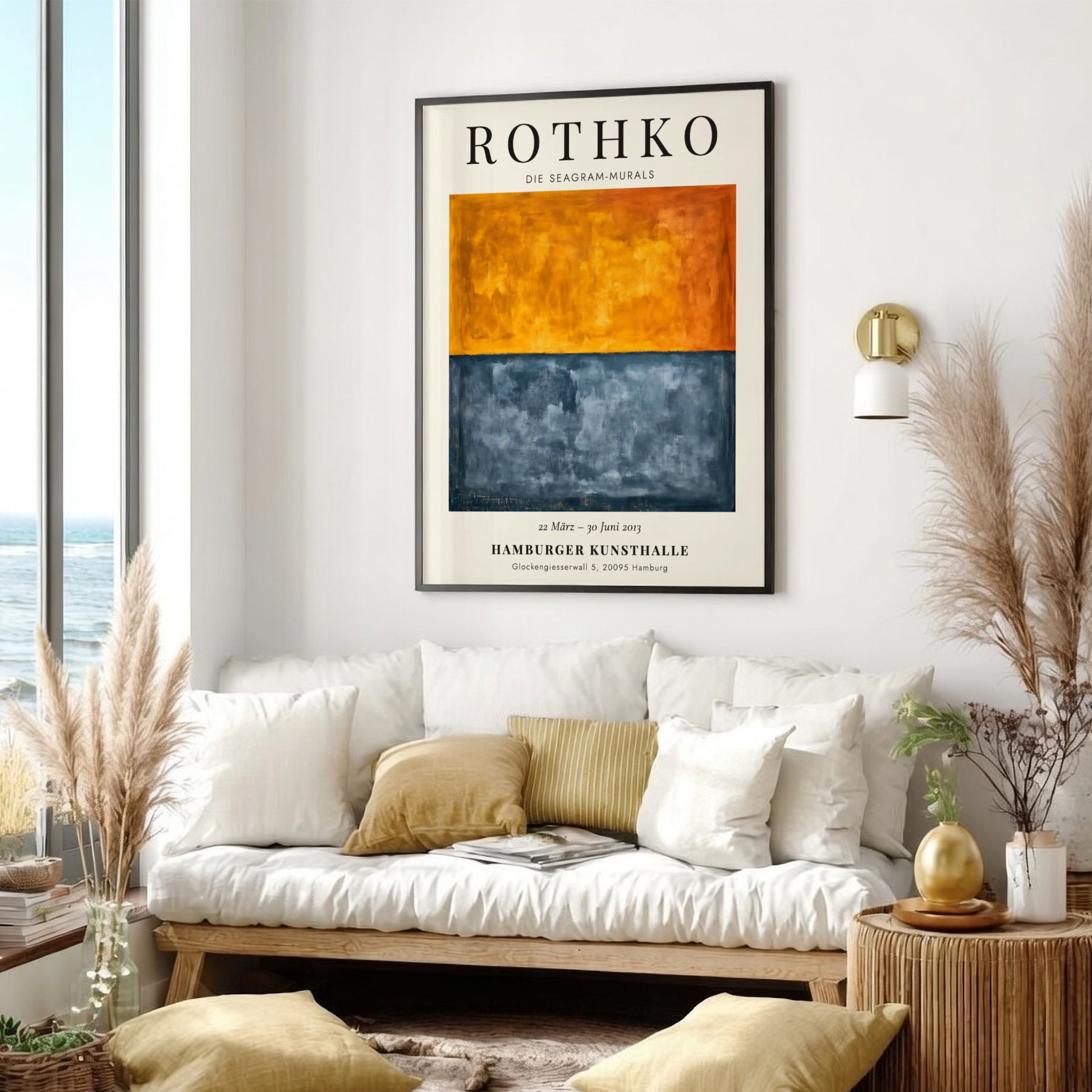 Wall art poster featuring Mark Rothko Seagram Murals with orange and charcoal blue blocks.