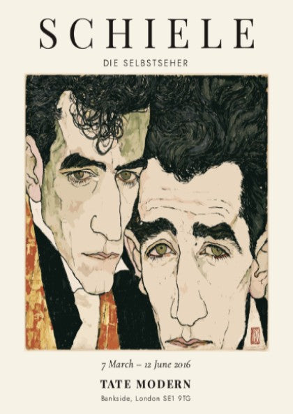 Egon Schiele exhibition poster featuring Die Selbstseher with expressive lines and bold colors