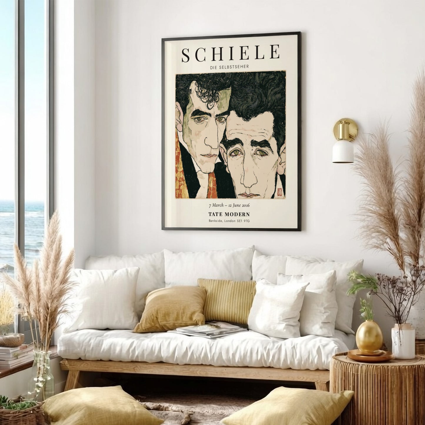 Egon Schiele exhibition poster featuring Die Selbstseher with expressive lines and bold colors