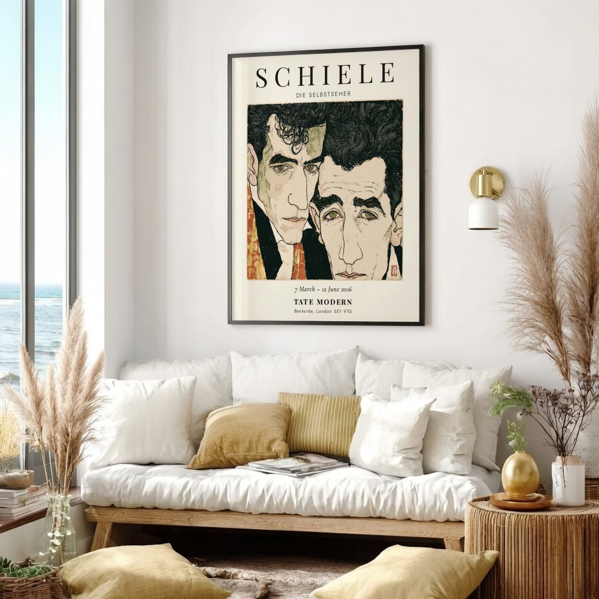 Egon Schiele exhibition poster featuring Die Selbstseher with expressive lines and bold colors