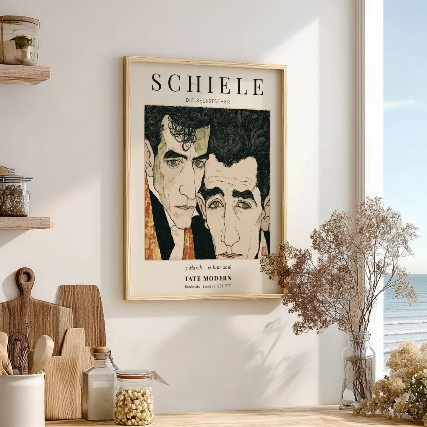 Egon Schiele exhibition poster featuring Die Selbstseher with expressive lines and bold colors