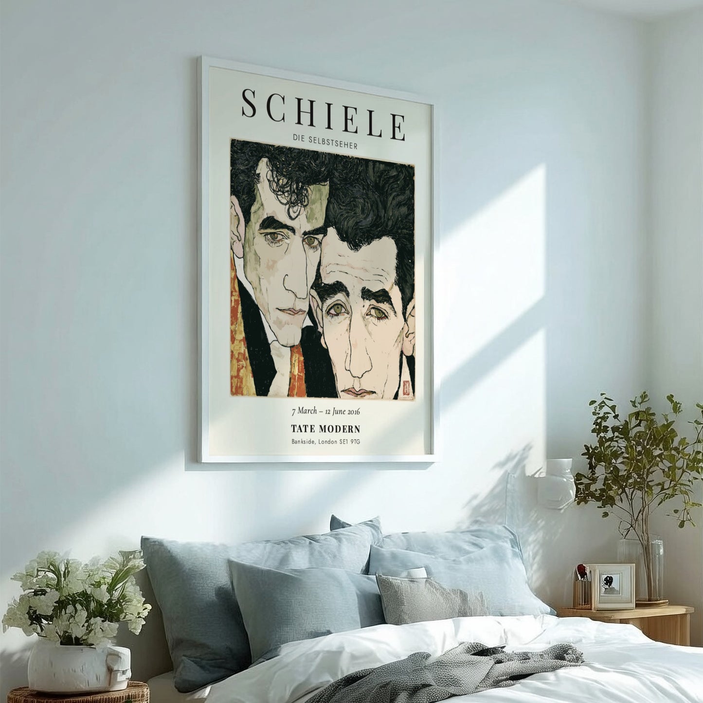 Egon Schiele exhibition poster featuring Die Selbstseher with expressive lines and bold colors