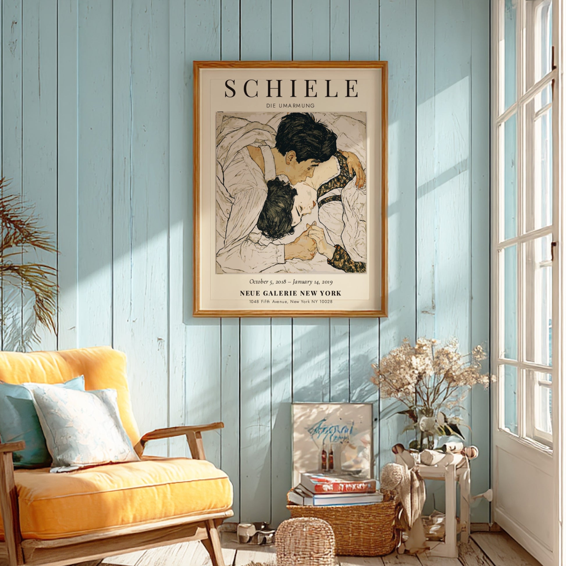 Egon Schiele poster featuring Die Umarmung, intimate embrace, expressive style, muted colors