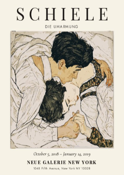 Egon Schiele poster featuring Die Umarmung, intimate embrace, expressive style, muted colors