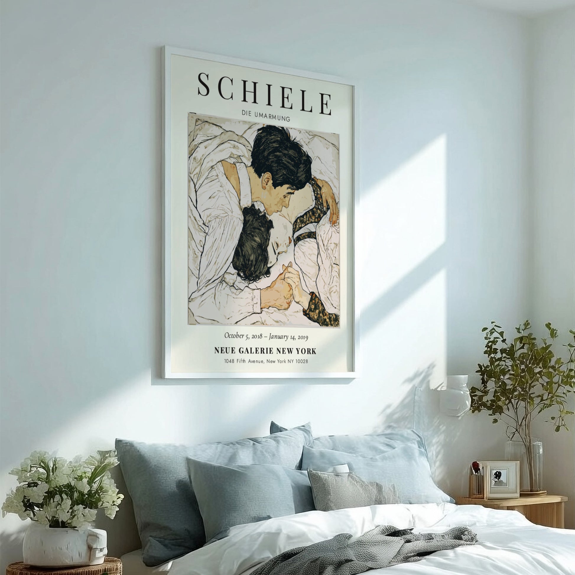 Egon Schiele poster featuring Die Umarmung, intimate embrace, expressive style, muted colors