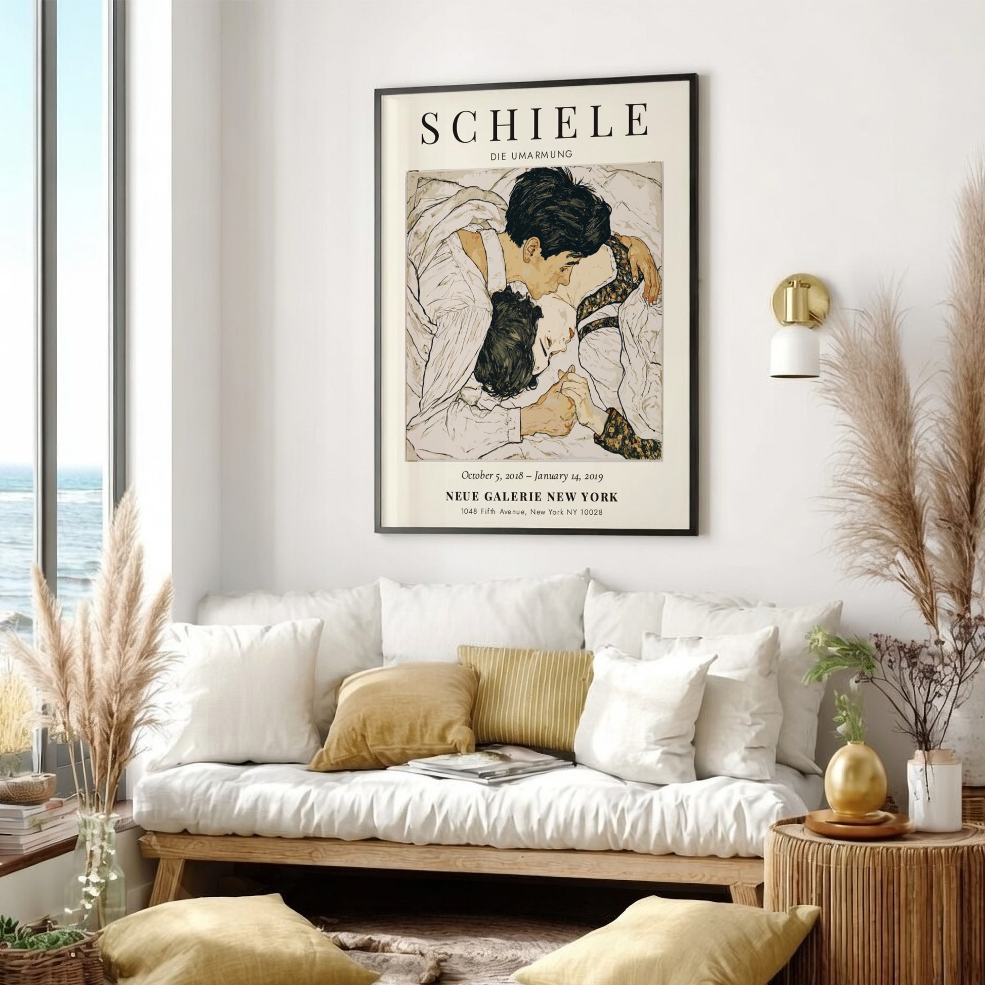 Egon Schiele poster featuring Die Umarmung, intimate embrace, expressive style, muted colors