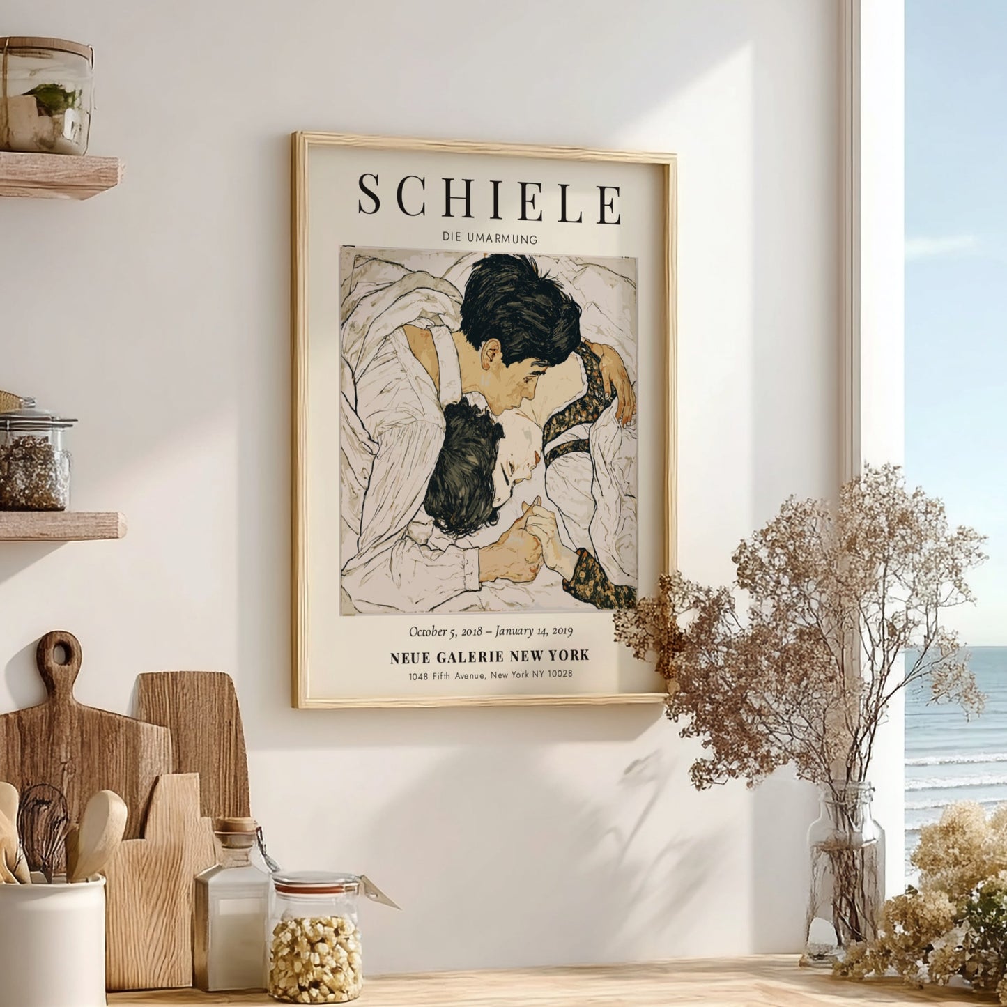 Egon Schiele poster featuring Die Umarmung, intimate embrace, expressive style, muted colors