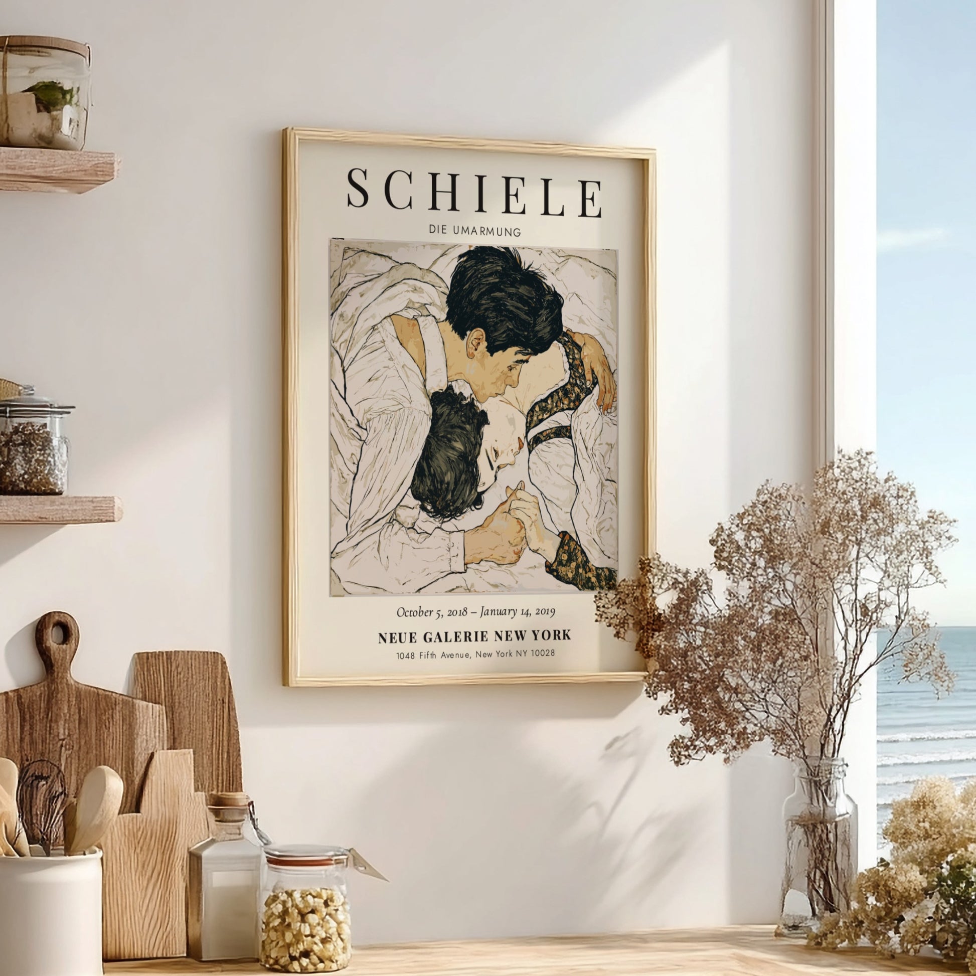 Egon Schiele poster featuring Die Umarmung, intimate embrace, expressive style, muted colors