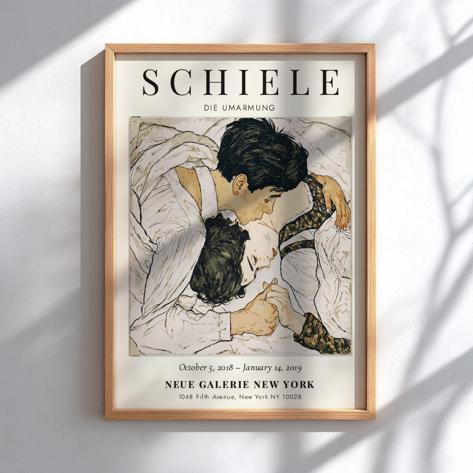 Egon Schiele poster featuring Die Umarmung, intimate embrace, expressive style, muted colors