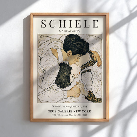 Egon Schiele poster featuring Die Umarmung, intimate embrace, expressive style, muted colors