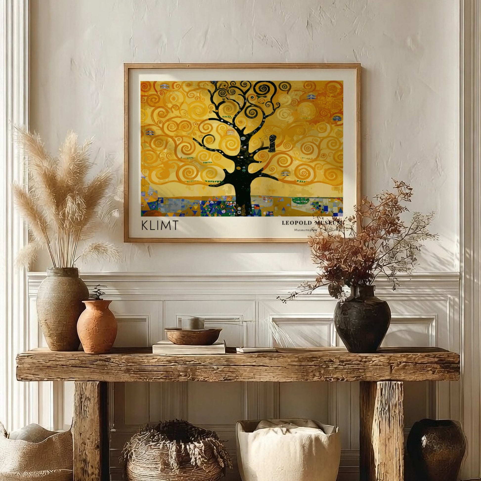 Wall art print featuring Klimt's golden tree design with swirling patterns and rich colors