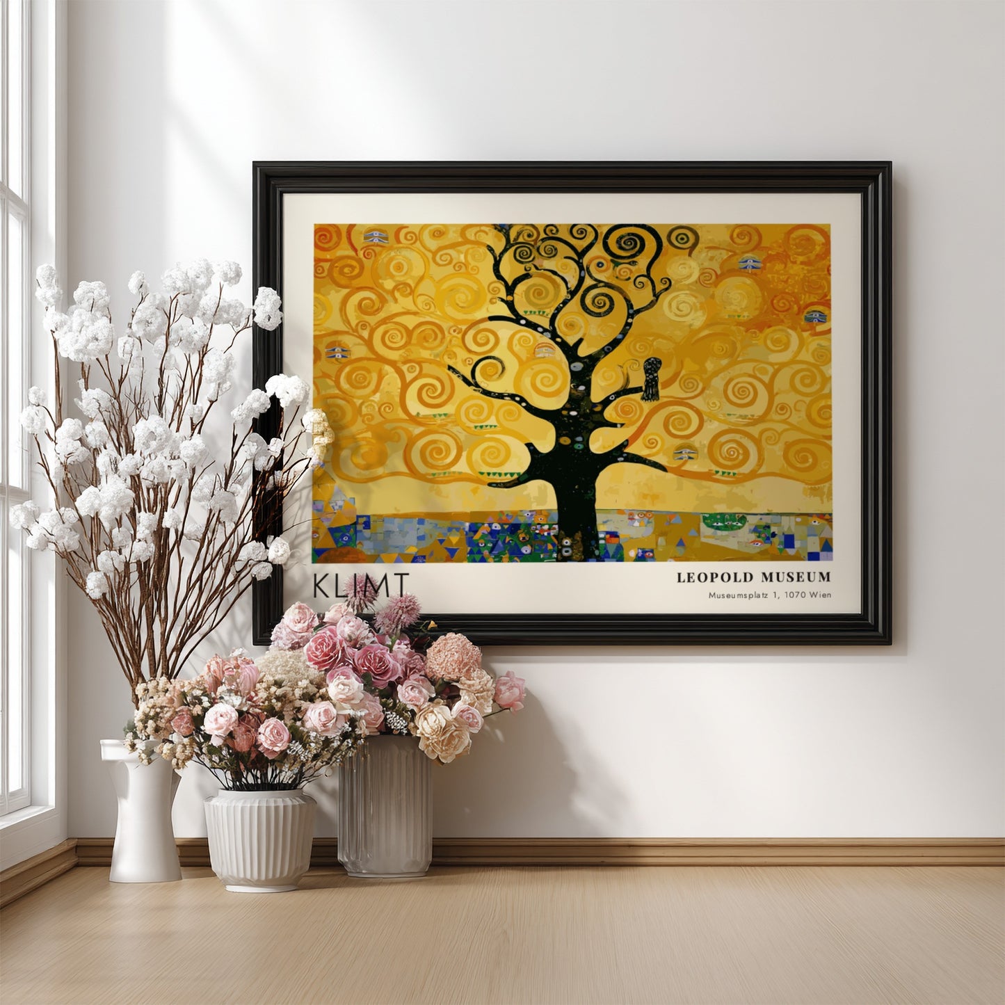 Wall art print featuring Klimt's golden tree design with swirling patterns and rich colors