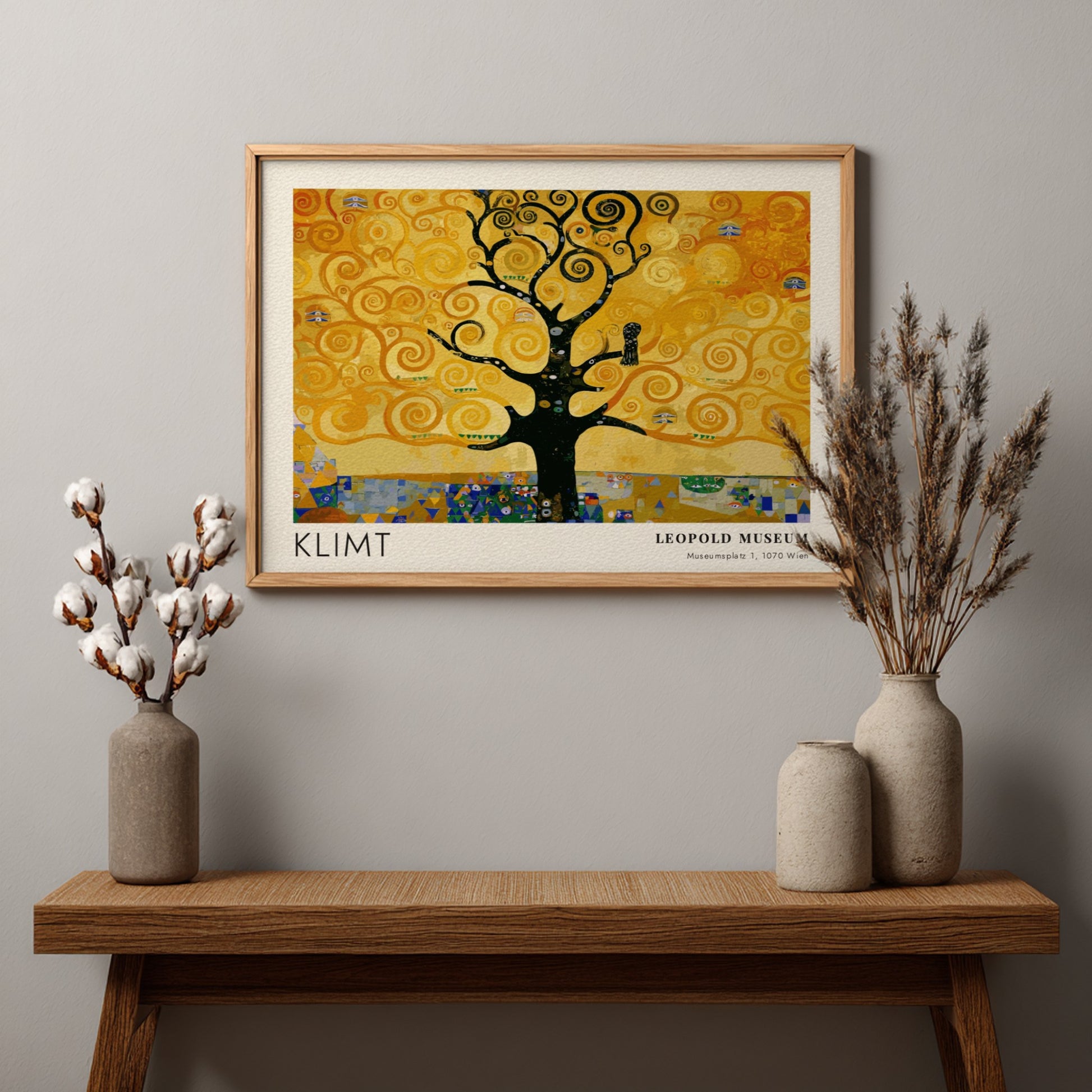 Wall art print featuring Klimt's golden tree design with swirling patterns and rich colors