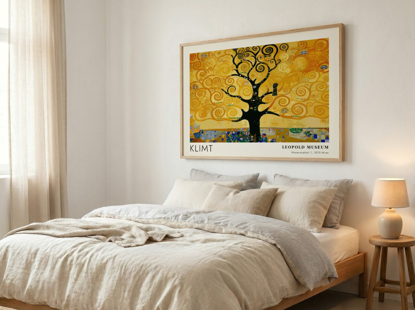 Wall art print featuring Klimt's golden tree design with swirling patterns and rich colors