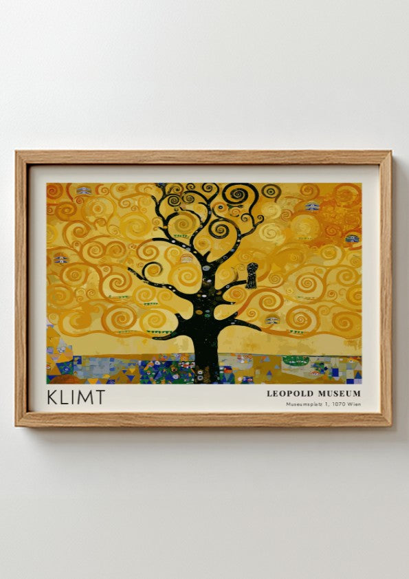 Wall art print featuring Klimt's golden tree design with swirling patterns and rich colors