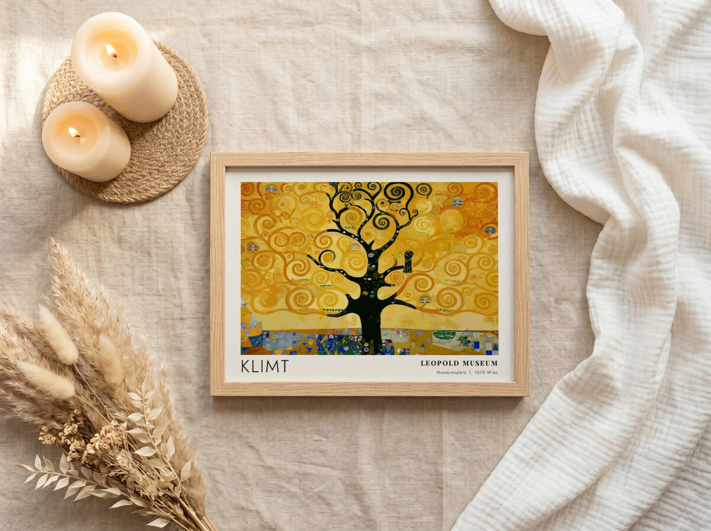 Wall art print featuring Klimt's golden tree design with swirling patterns and rich colors