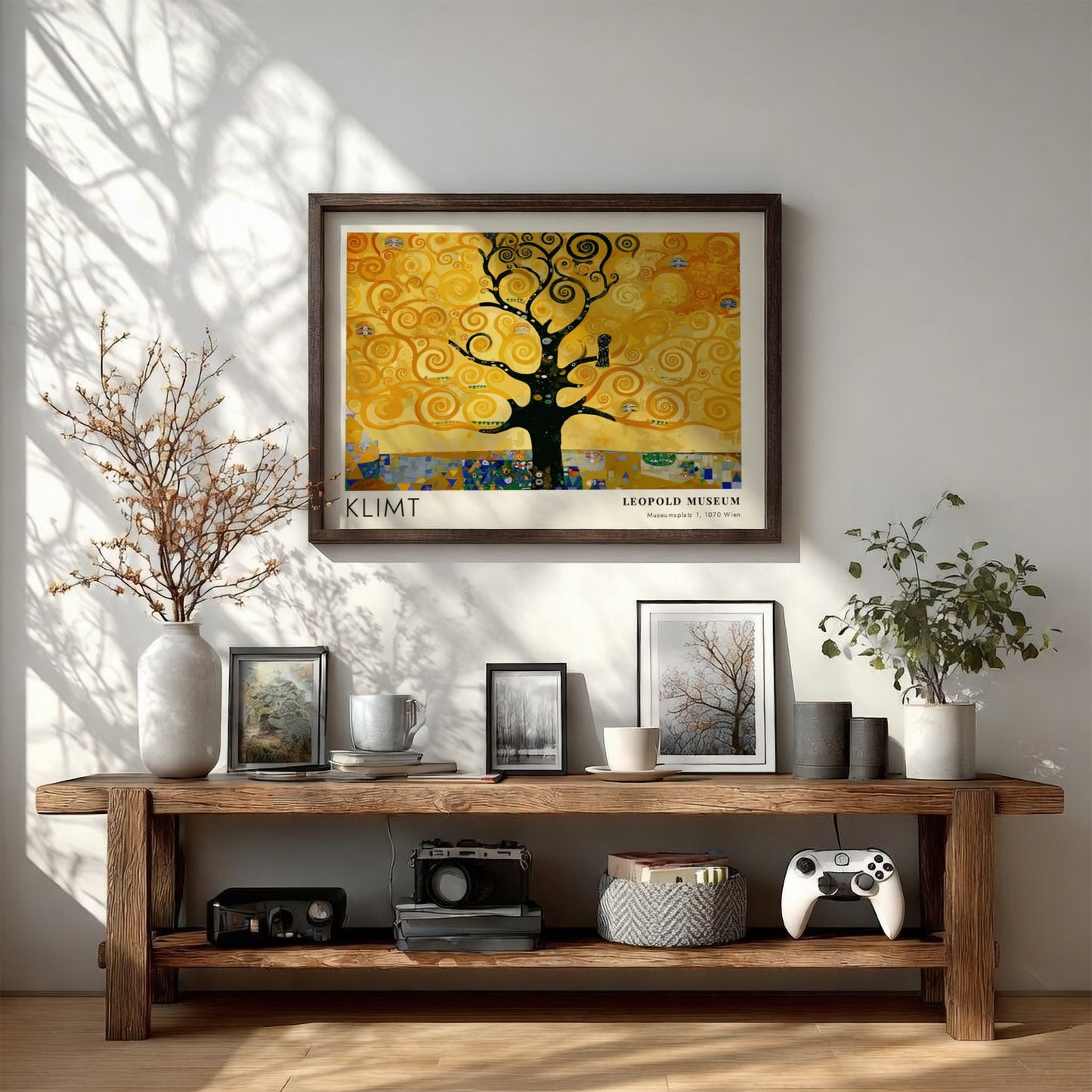 Wall art print featuring Klimt's golden tree design with swirling patterns and rich colors