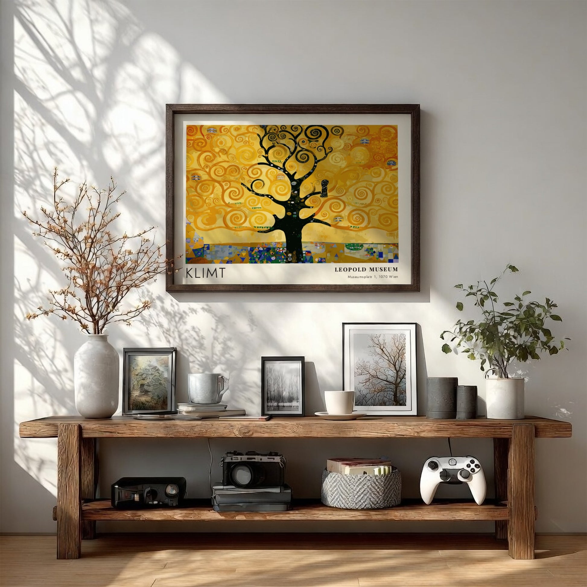 Wall art print featuring Klimt's golden tree design with swirling patterns and rich colors