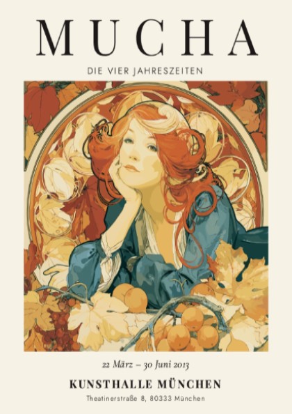 Alphonse Mucha poster featuring Die Vier Jahreszeiten with warm colors and intricate Art Nouveau style