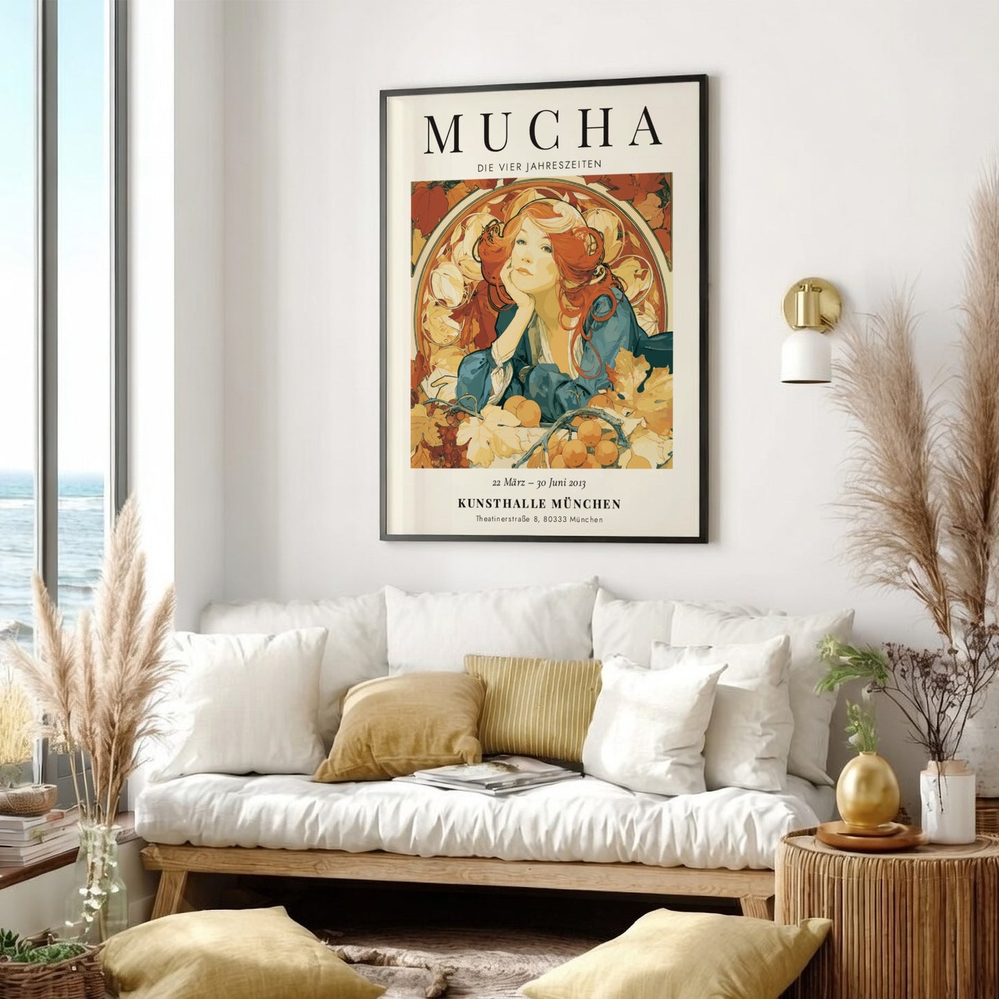 Alphonse Mucha poster featuring Die Vier Jahreszeiten with warm colors and intricate Art Nouveau style