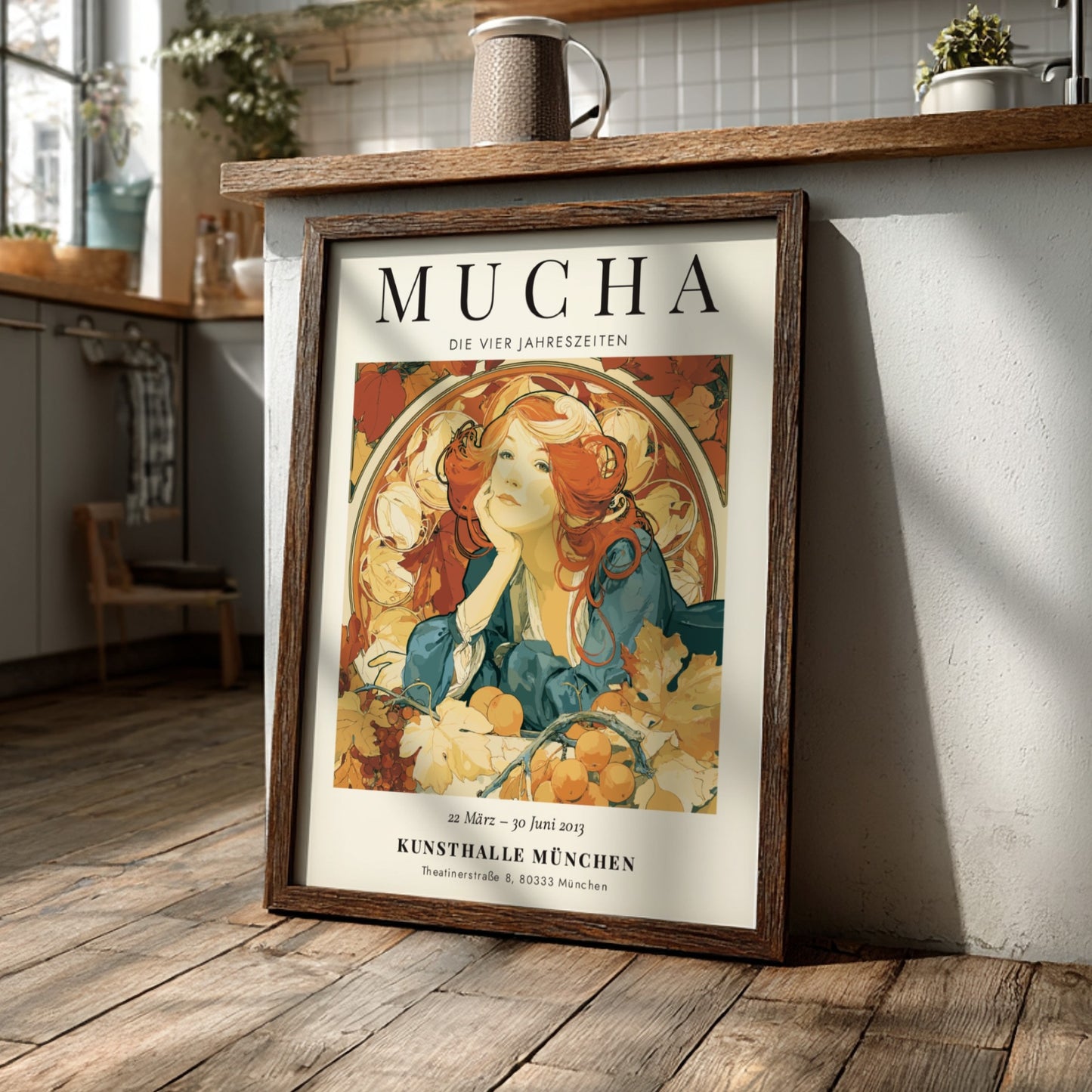 Alphonse Mucha poster featuring Die Vier Jahreszeiten with warm colors and intricate Art Nouveau style