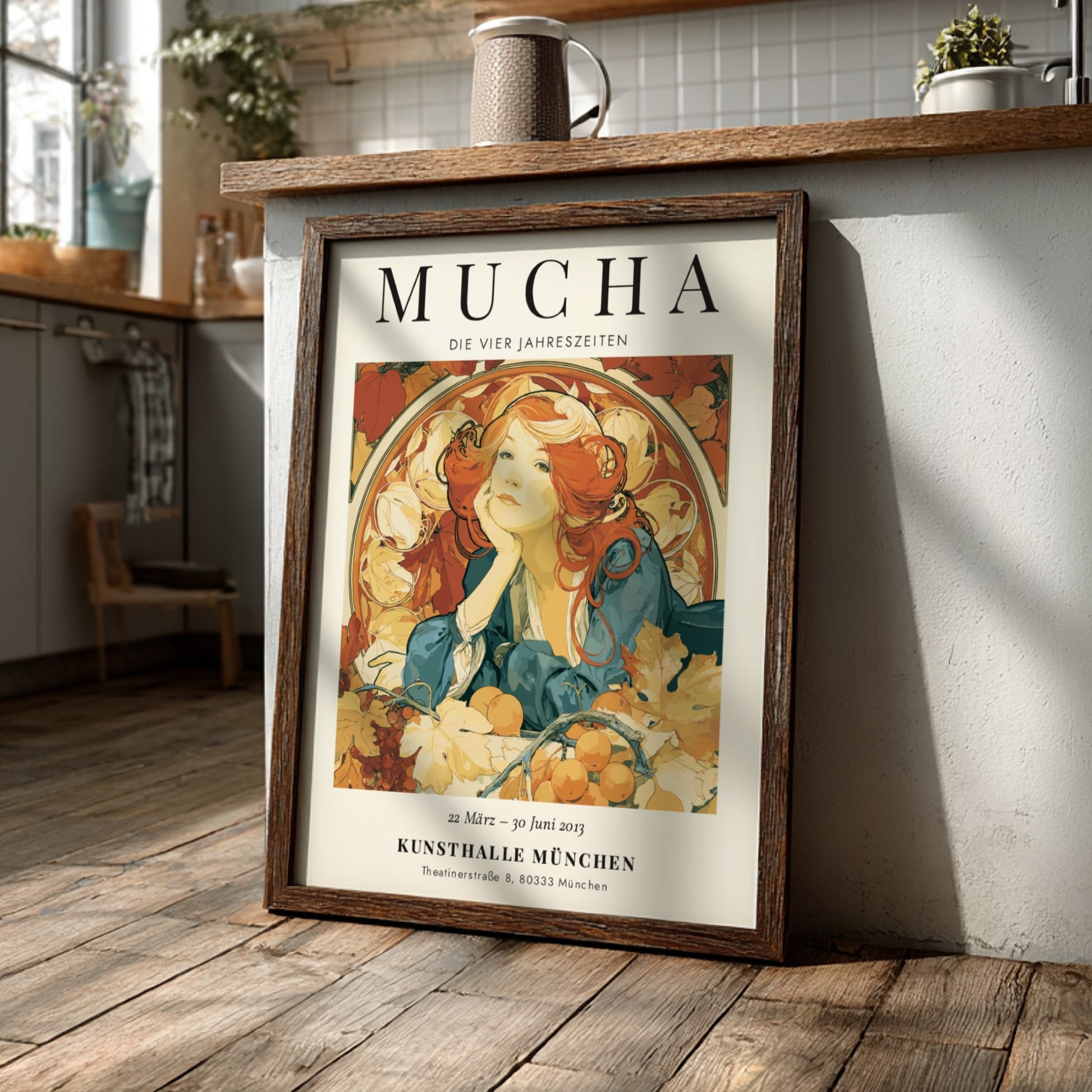 Alphonse Mucha poster featuring Die Vier Jahreszeiten with warm colors and intricate Art Nouveau style