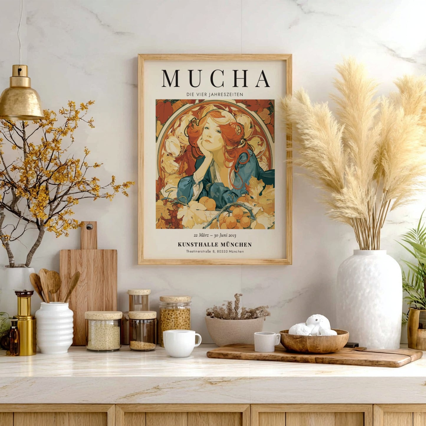 Alphonse Mucha poster featuring Die Vier Jahreszeiten with warm colors and intricate Art Nouveau style