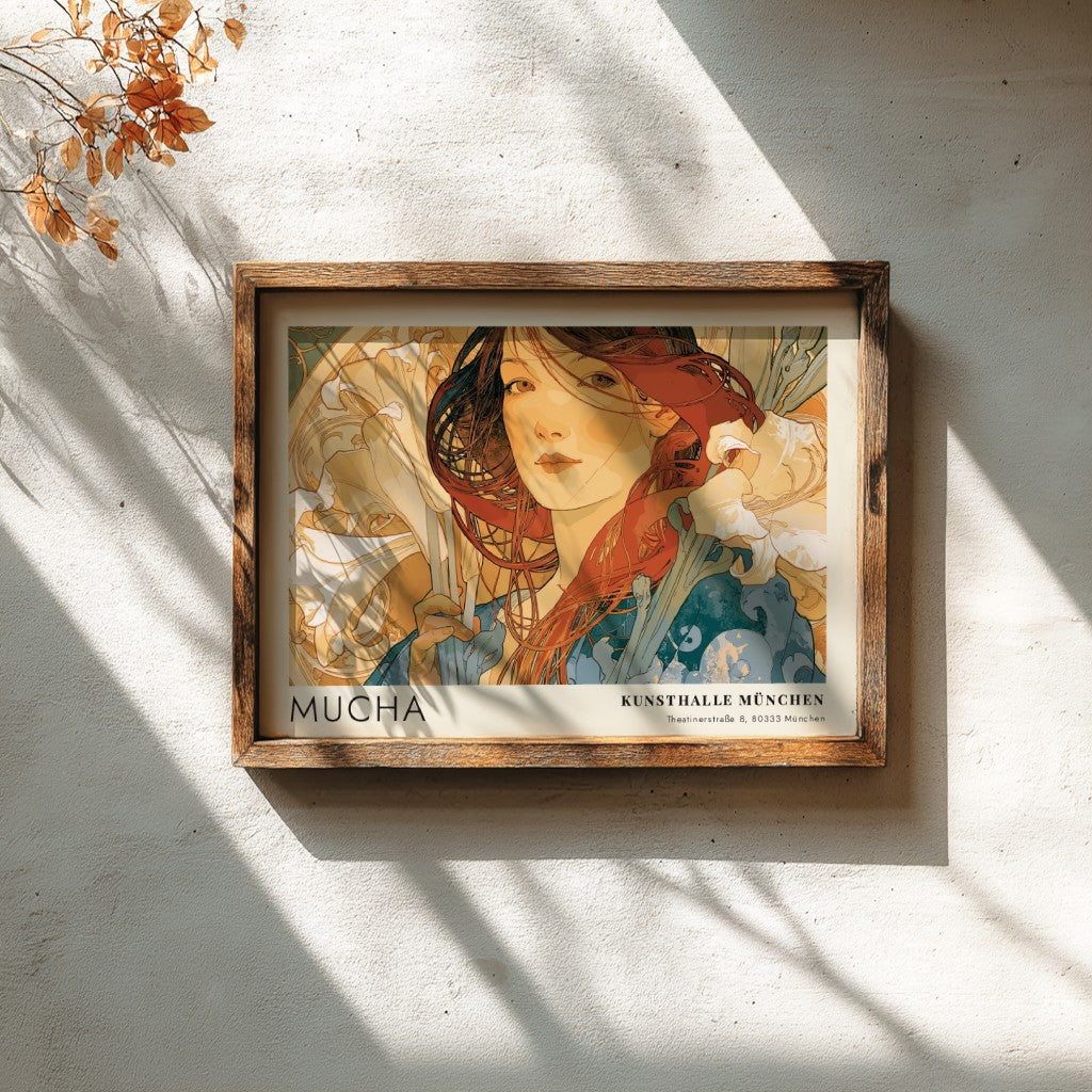 Wall art poster featuring Alphonse Mucha Die Vier Jahreszeiten artwork with elegant floral motifs.