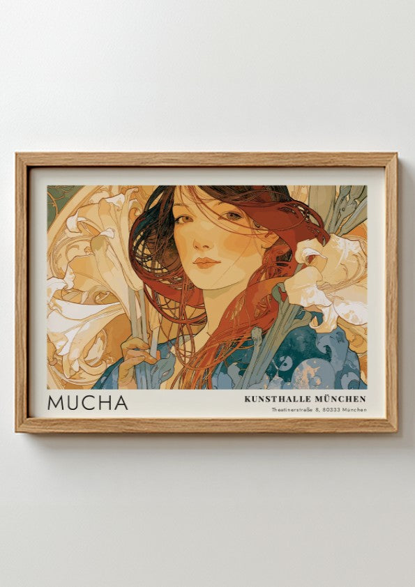 Wall art poster featuring Alphonse Mucha Die Vier Jahreszeiten artwork with elegant floral motifs.