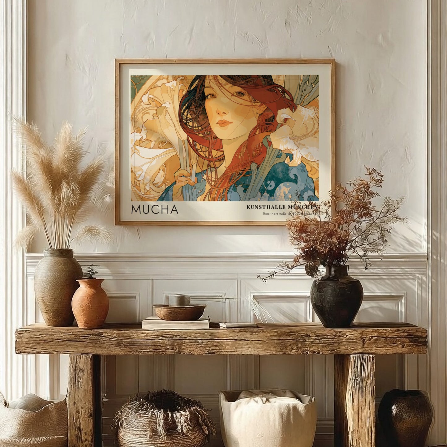 Wall art poster featuring Alphonse Mucha Die Vier Jahreszeiten artwork with elegant floral motifs.