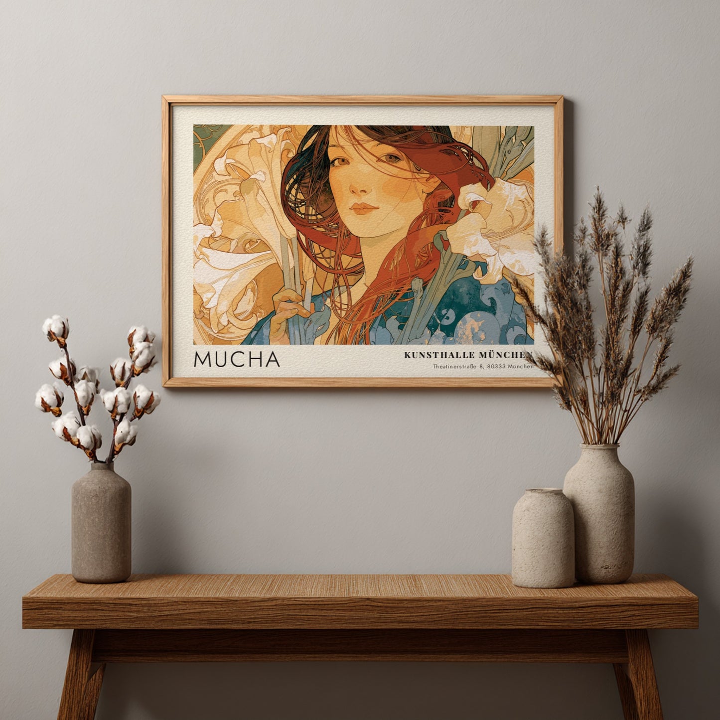Wall art poster featuring Alphonse Mucha Die Vier Jahreszeiten artwork with elegant floral motifs.