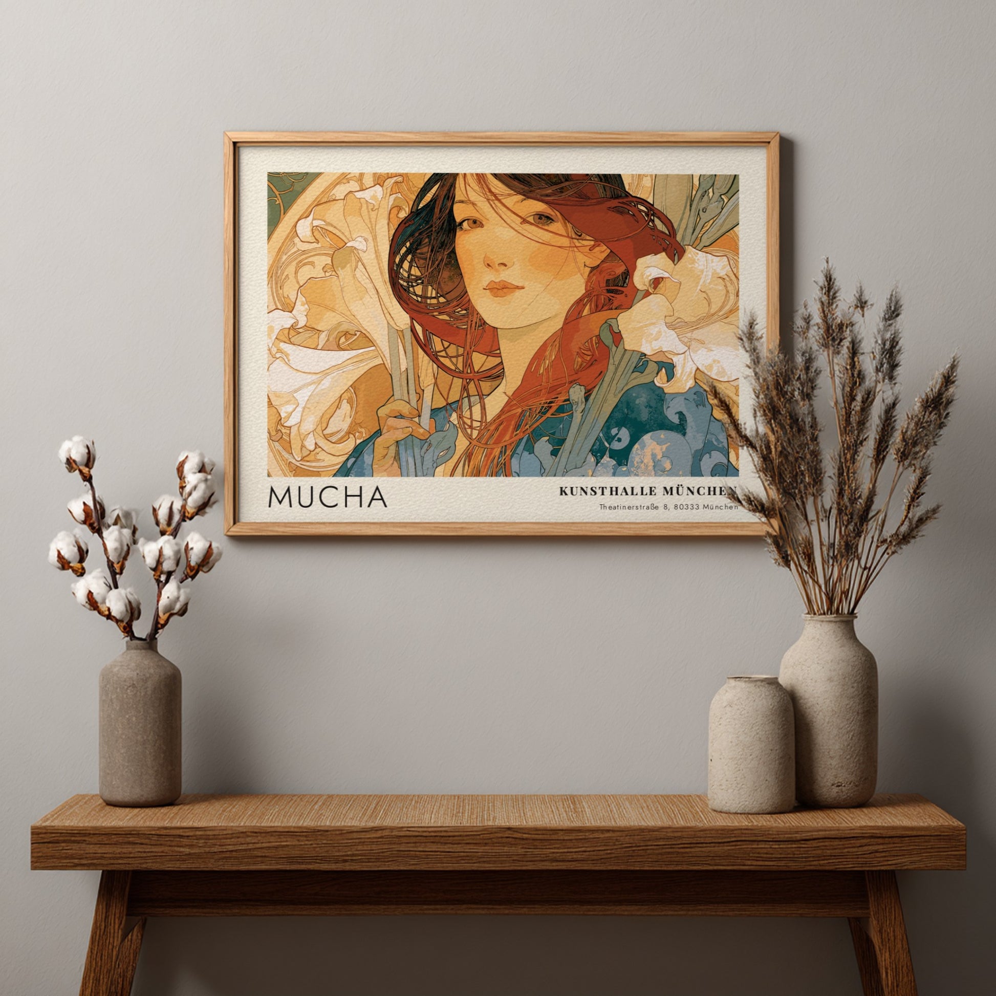 Wall art poster featuring Alphonse Mucha Die Vier Jahreszeiten artwork with elegant floral motifs.