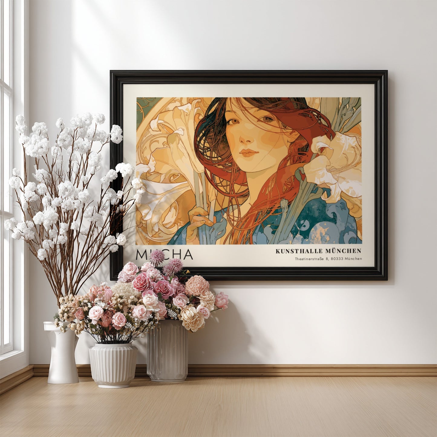 Wall art poster featuring Alphonse Mucha Die Vier Jahreszeiten artwork with elegant floral motifs.