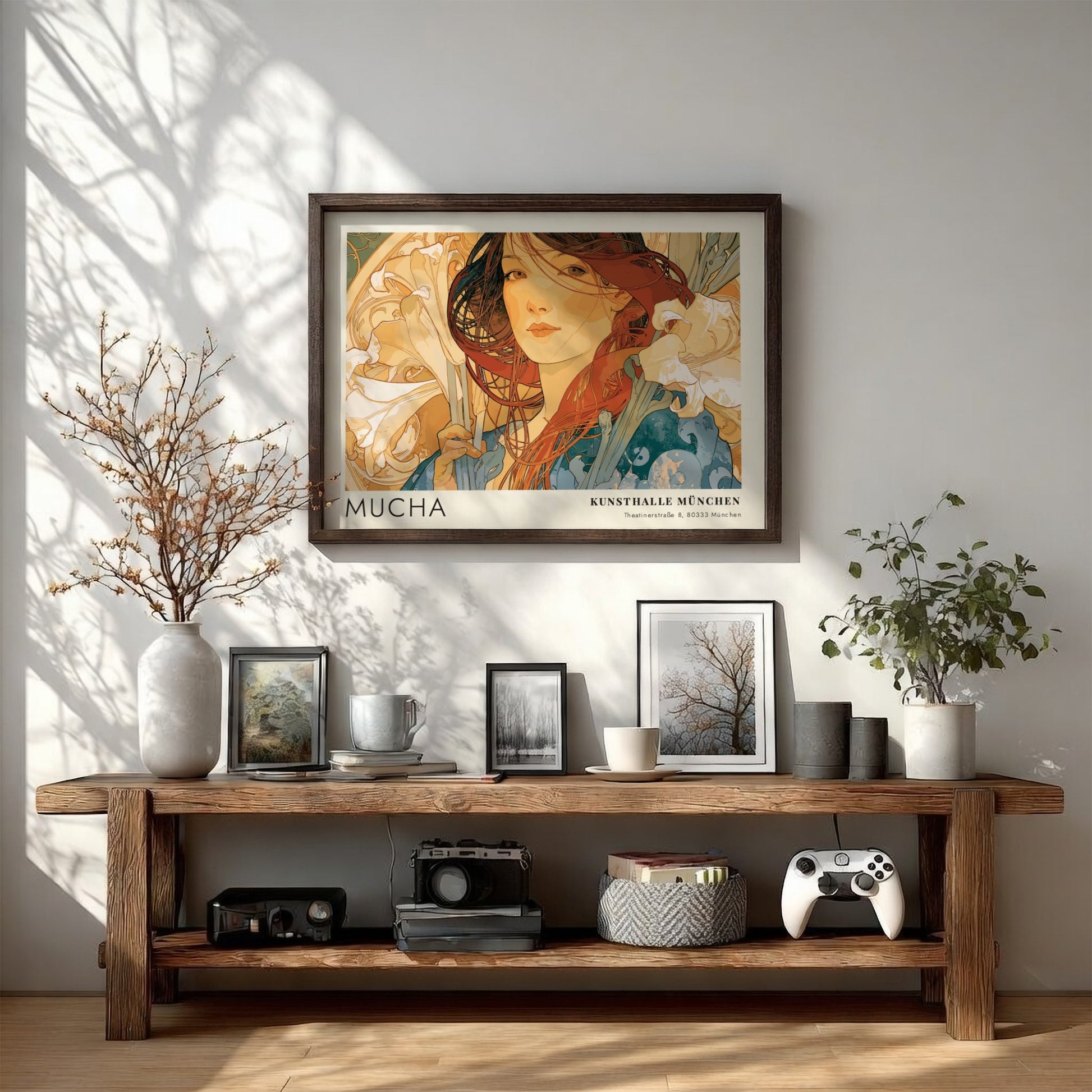 Wall art poster featuring Alphonse Mucha Die Vier Jahreszeiten artwork with elegant floral motifs.