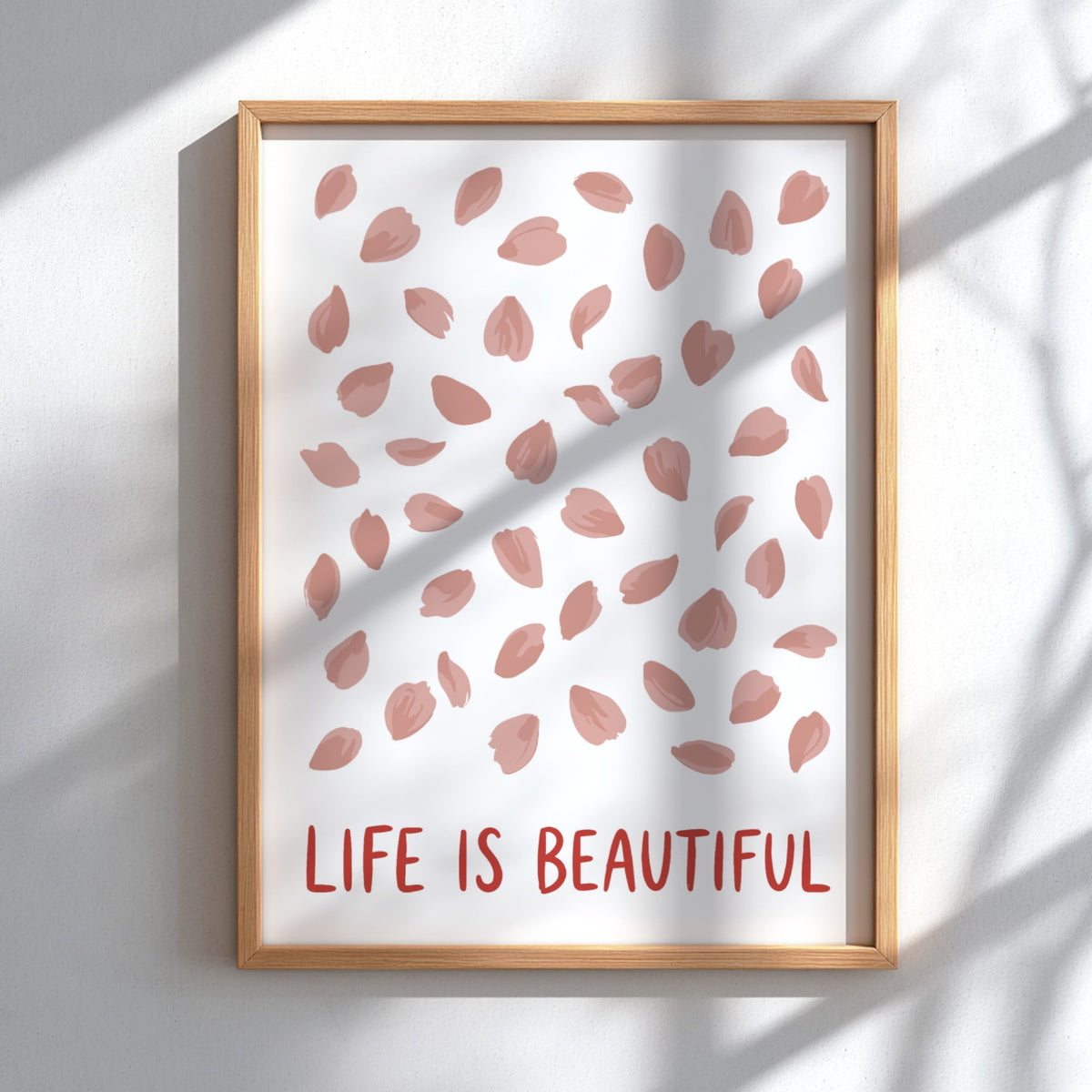 Motivational poster with pink cherry blossom petals and the text Life Is Beautiful.