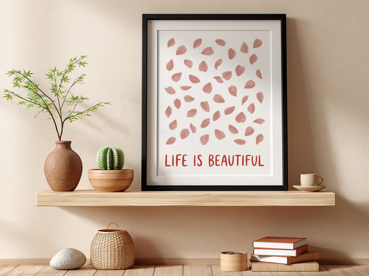 Motivational poster with pink cherry blossom petals and the text Life Is Beautiful.