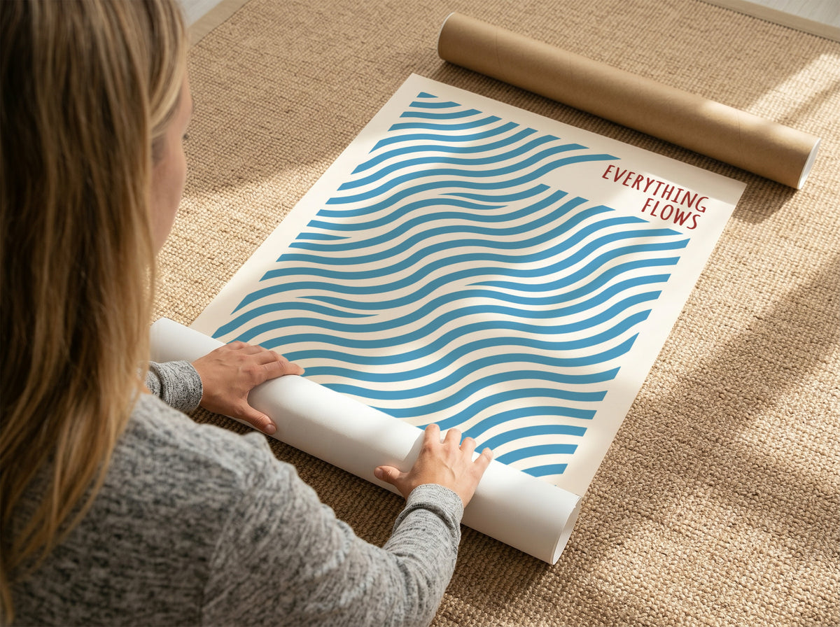 Motivational poster with blue wavy lines and the quote Everything Flows in red