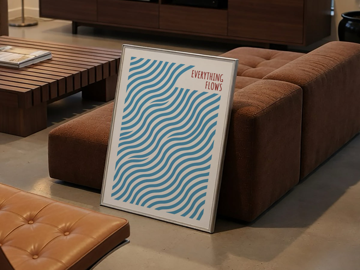 Motivational poster with blue wavy lines and the quote Everything Flows in red