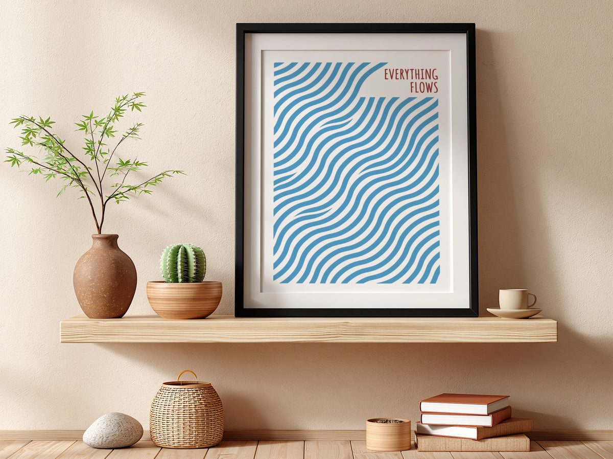 Motivational poster with blue wavy lines and the quote Everything Flows in red