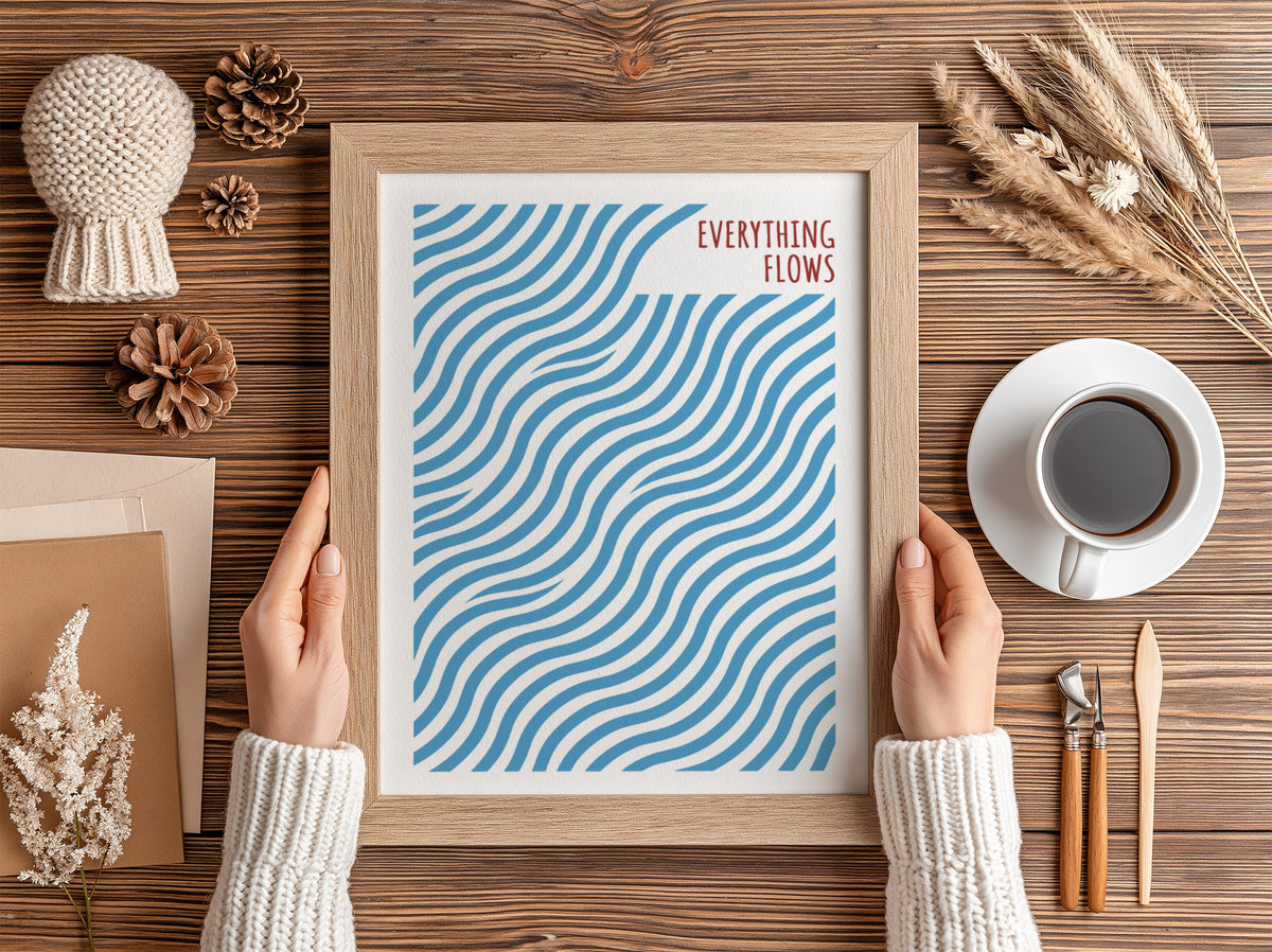 Motivational poster with blue wavy lines and the quote Everything Flows in red