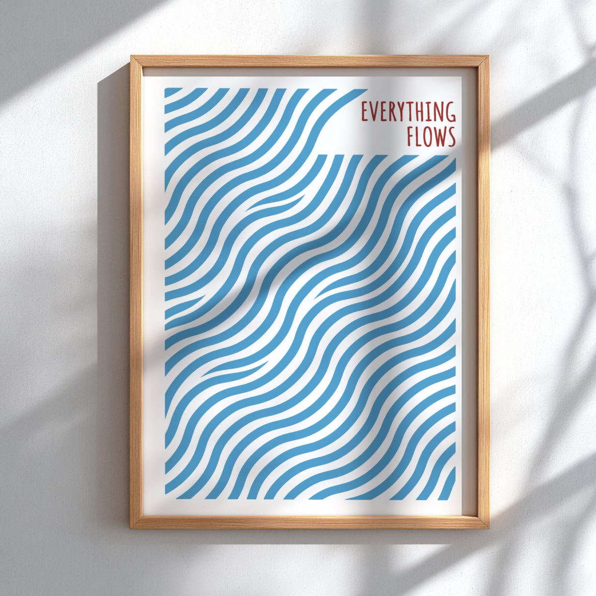 Motivational poster with blue wavy lines and the quote Everything Flows in red