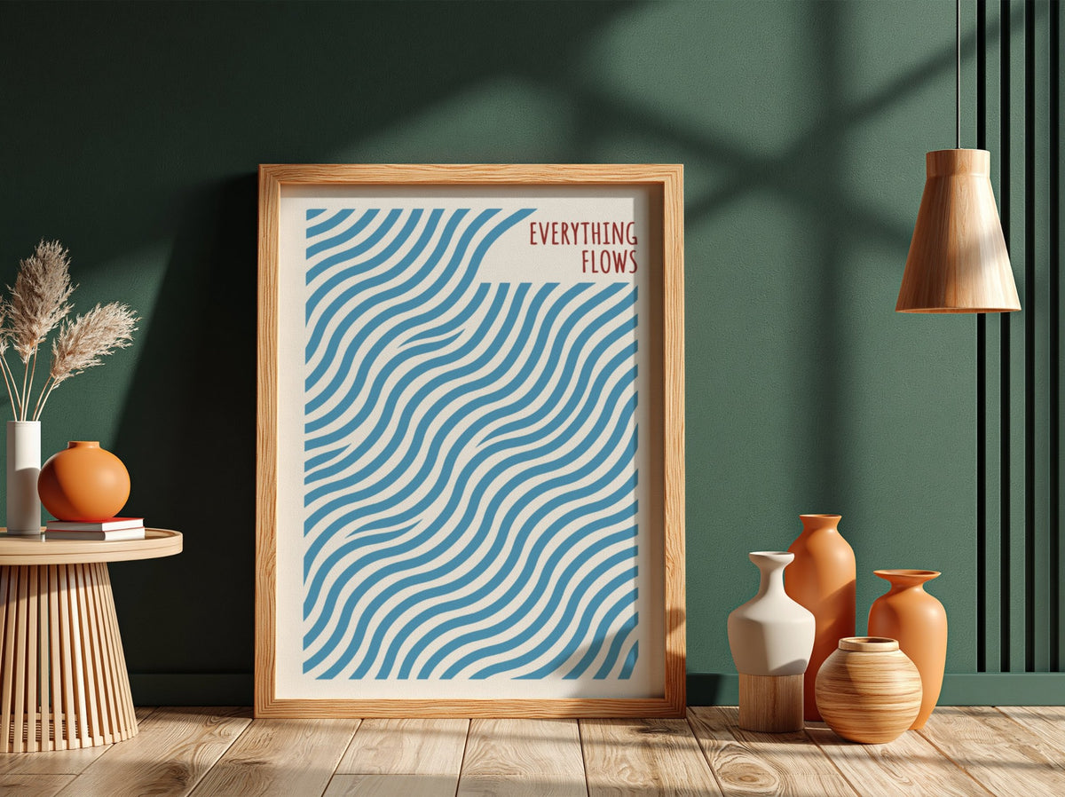 Motivational poster with blue wavy lines and the quote Everything Flows in red