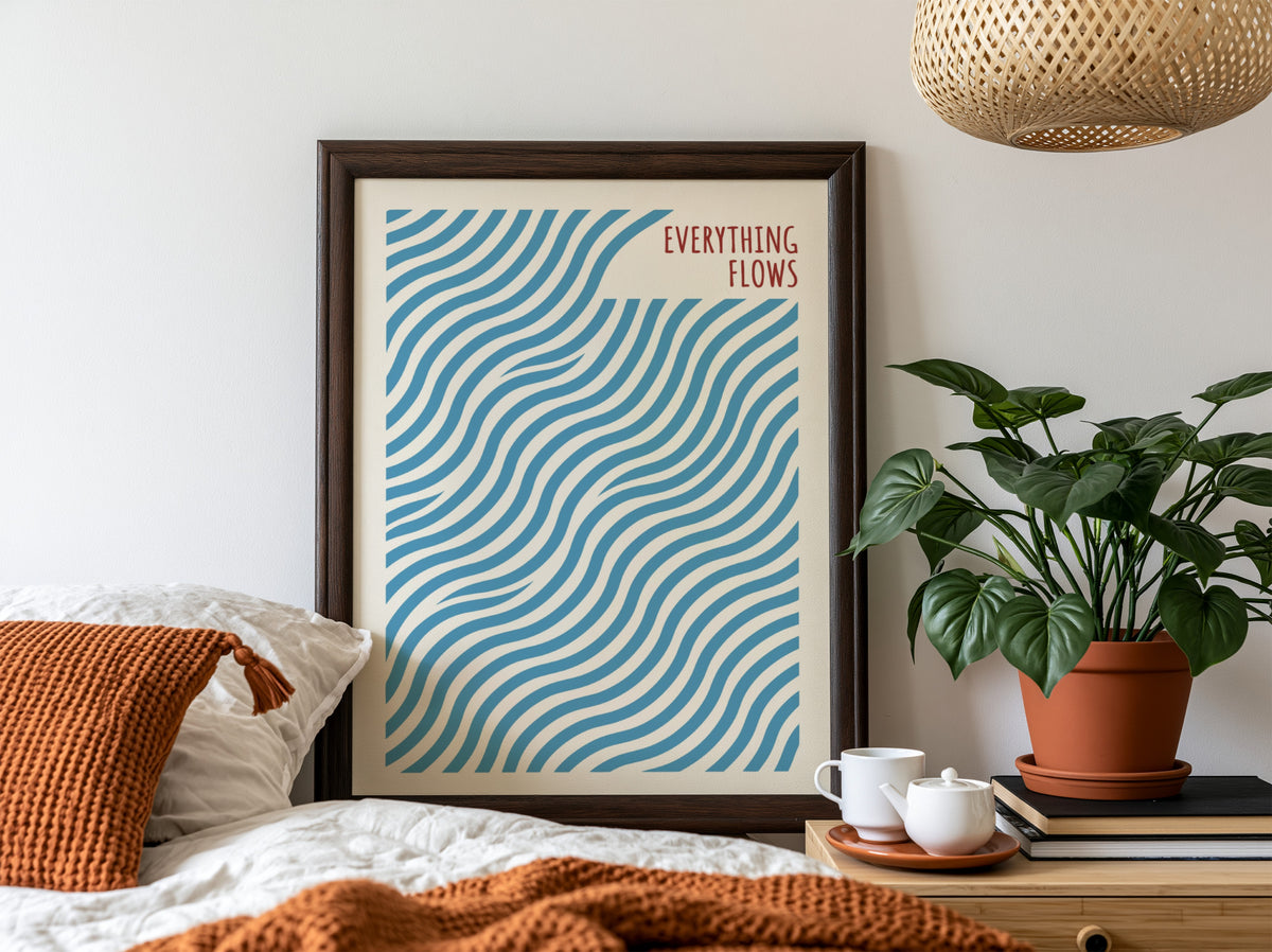 Motivational poster with blue wavy lines and the quote Everything Flows in red