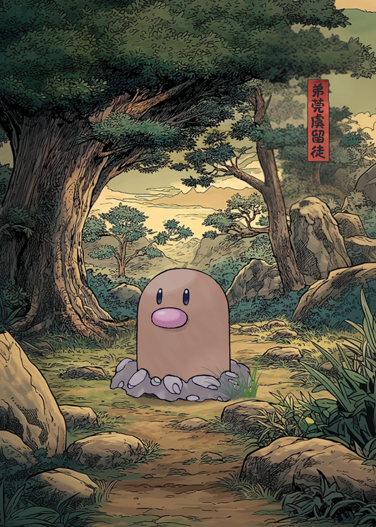 Diglett Pokemon in a forest with large trees and rocks