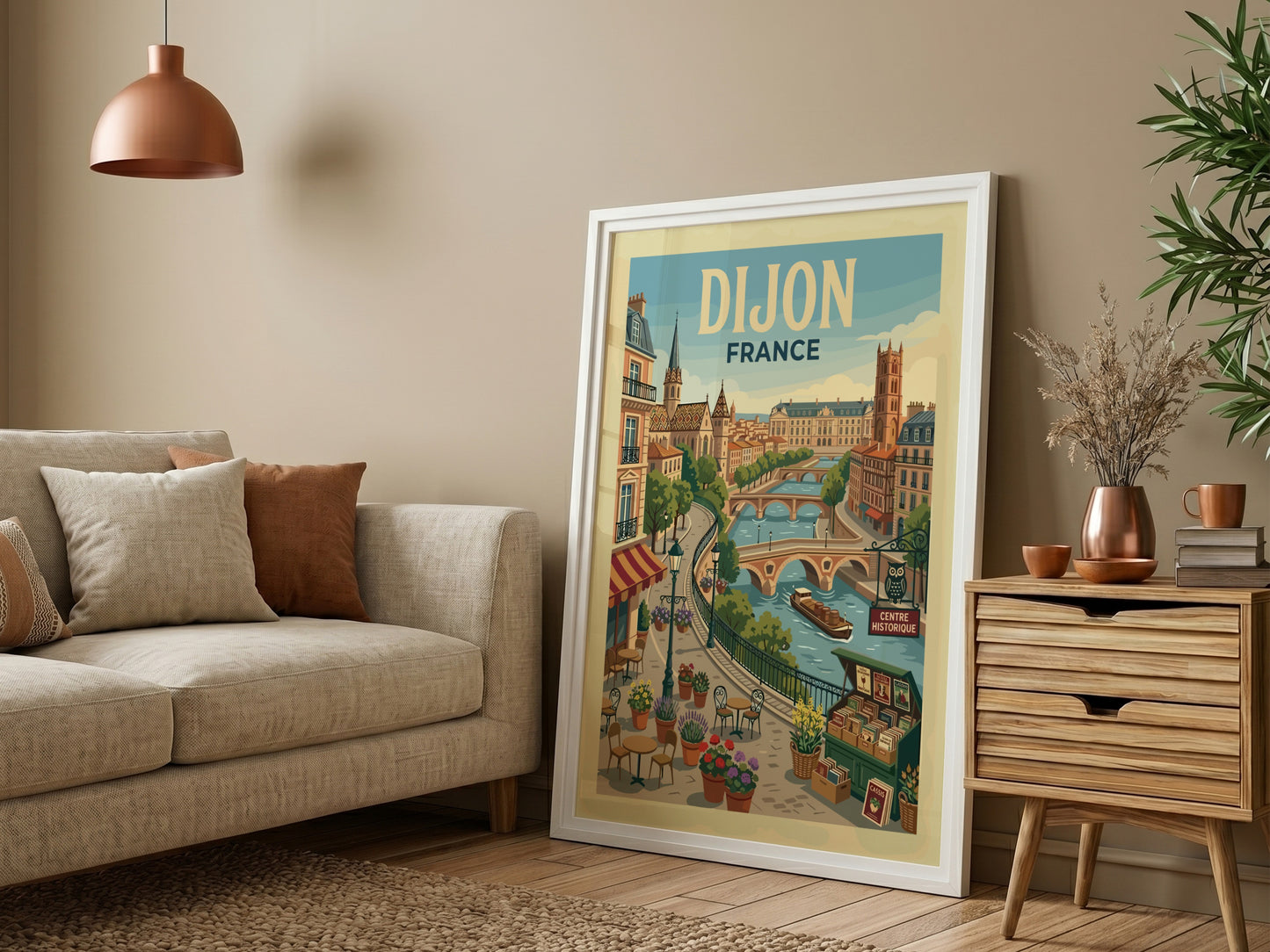 Dijon France travel poster featuring a vintage cityscape with a river, bridges, and cafes. Warm colors.