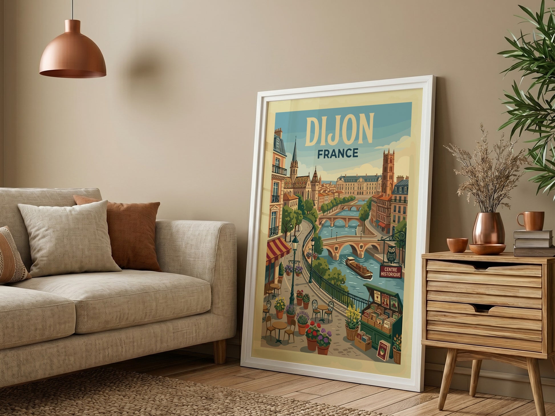 Dijon France travel poster featuring a vintage cityscape with a river, bridges, and cafes. Warm colors.